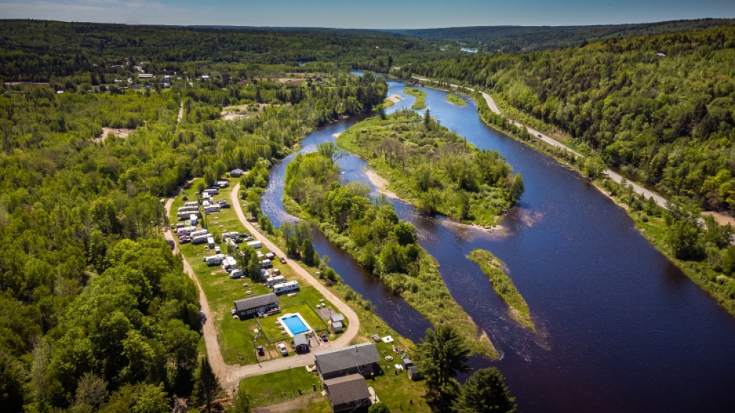 arial view of the durham bridge rv resort, river and trees