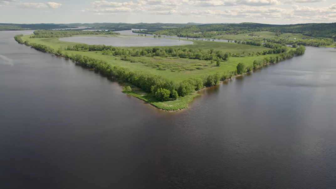 an arial view of a river with a triangular shaped, forested island in the middle