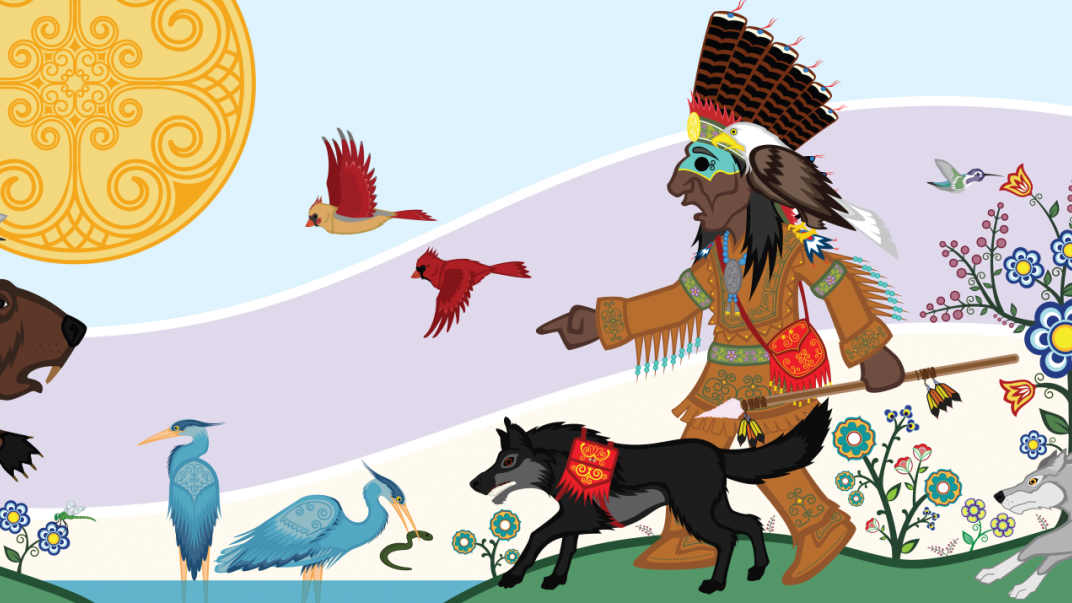 Painted mural of a beaver, a butterfly and grey bird on the left of the canvas. They are looking across a pond to the right. In front of the beaver is a small pond with two herons in it. On the other side of the pond, there are 2 Indigenous men, a black and grey wolf, and two red birds flying in the blue sky.