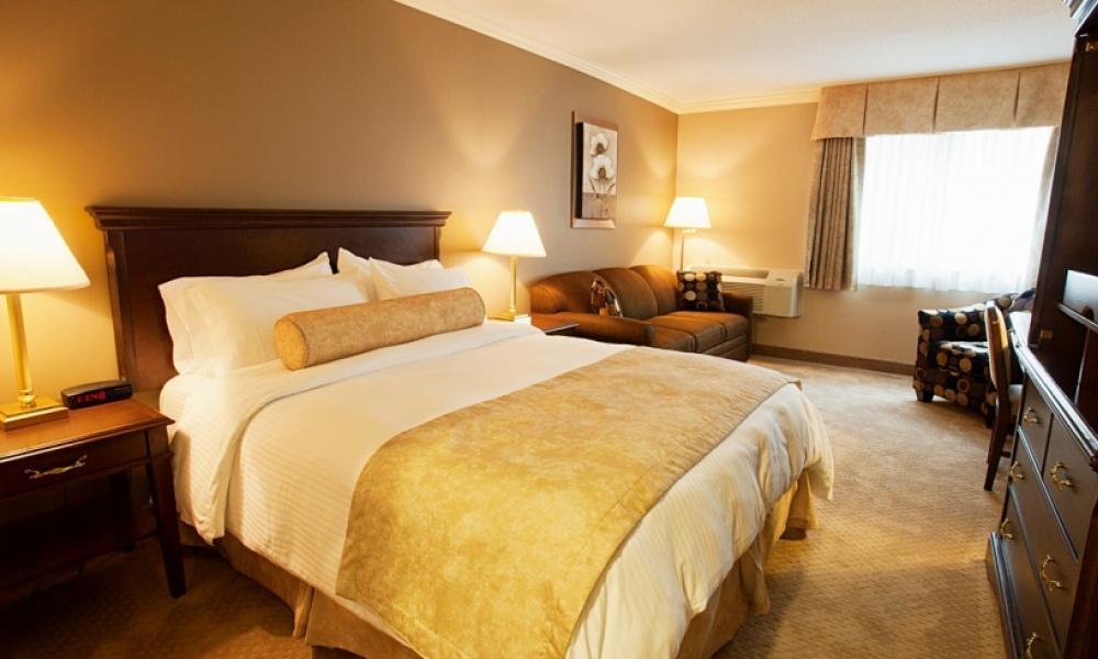 Interior shot of a hotel room with a luxurious bed with white and gold blankets.