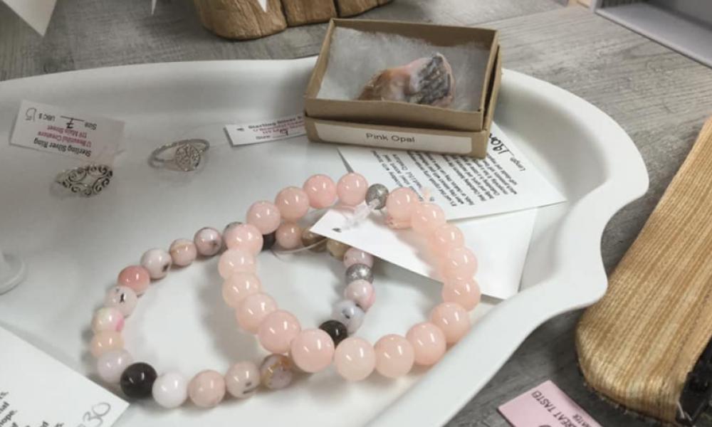 close up of rose quartz beaded bracelets
