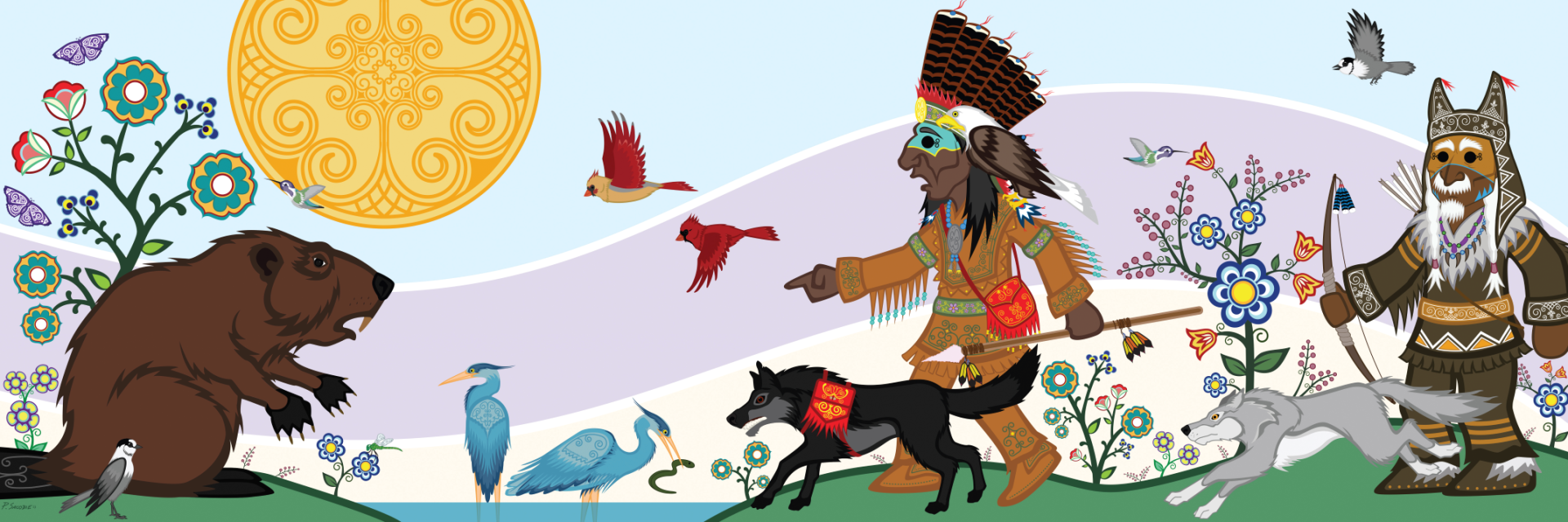 Painted mural of a beaver, a butterfly and grey bird looking across a pond at a beaver, two herons, 2 Indigenous men, a black and grey wolf, and two red birds.